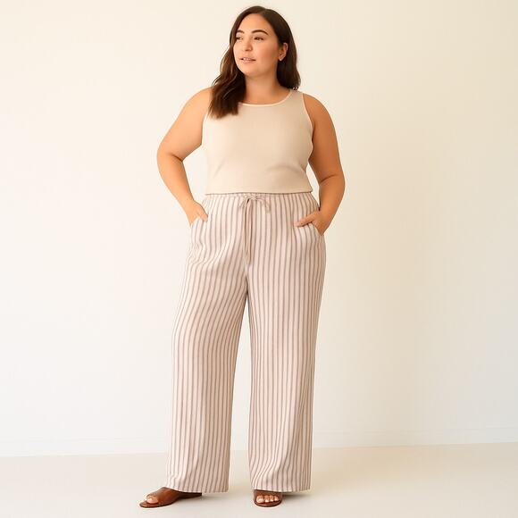 Jessica London Plus 20W Linen Blend Wide Leg Pants Beige Stripe Elastic Waist - Picture 8 of 8